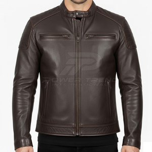 Veste de moto en cuir véritable pour homme, grande taille, décontractée, couleur foncée, col montant, fermeture éclair, style motard - Product Image 4