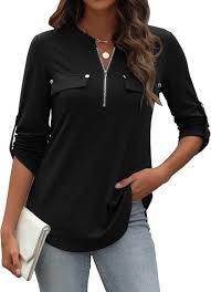 Three quarter sleeve plain tunic blouse <b>top</b> comfortable style Womens daily wear <b>zipper</b> slimming t shirt - Product Image 2