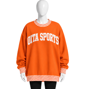 <b>Mens</b> <b>Orange</b> Oversized Crewneck <b>Sweatshirt</b> Gingham Check Trim Long Sleeve Casual Pullover Fashion Streetwear Athletic Sports Top - Product Image 1