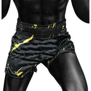 Shorts de boxe pour hommes, imprimé marbré noir et jaune, coupe ample, séchage rapide, polyester, vêtements d'arts martiaux, taille adulte - Product Image 2