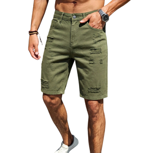 <b>Mens</b> Olive <b>Green</b> Denim <b>Shorts</b> Mid Regular Fit Breathable Cotton Casual Knee Length Ripped Distressed Summer Fashion Five Pocket - Product Image 1