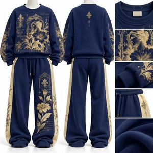 Conjunto Deportivo de Sudadera y Pantalones Anchos con Estampado Floral Dorado y Azul Marino para Mujer, Ropa Casual Elegante de Dos Piezas - Product Image 5