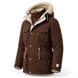 Chaqueta Deportiva Larga con Capucha para Hombre, Color Marrón Sólido, Forro de Poliéster, Impermeable, Gruesa, Casual de Otoño, Corte Regular, Cierre de Cremallera - Product Image 3