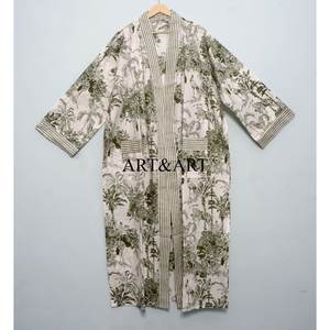 Hermoso Kimono Largo de Algodón Estampado a Mano con Cierre de Cinturón para Dormir por la Noche, Bata para Mujer con Estampado Floral - Product Image 3