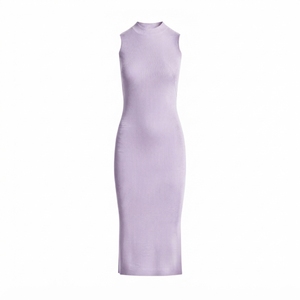 Vestido de Punto Ajustado sin Mangas con Cuello Redondo para Mujer, Color Sólido, Midi, Elegante, Transpirable, Informal - Product Image 5