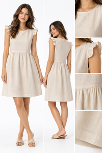Vestido Mini de Lino y Algodón Tejido Sencillo para Mujer, con Manga con Volantes, Estilo Casual para Vacaciones de Verano, Fabricante Mayorista OEM ODM - Product Image 5