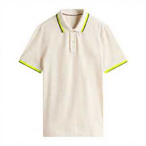 เสื้อโปโลแขนสั้นสีครีมสำหรับผู้ชาย คอเสื้อแต่งขอบสีน้ำเงิน ผ้าฝ้ายถักแบบลำลอง ระบายอากาศได้ดี ทรงปกติ - Product Image 3