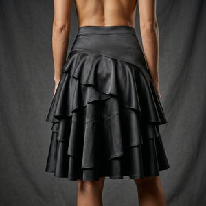 Wholesale Women's <b>Skirts</b> High Waist Asymmetrical <b>Ruffle</b> Satin <b>Skirt</b> Knee-Length Elegant Solid Black 100% Polyester - Product Image 5