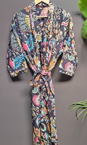 Bata Kimono con Cuello en V, Cierre de Encaje, Larga, de Manga Larga, con Estampado Floral Digital, Ecológica, Transpirable, de Secado Rápido, de Algodón - Product Image 4