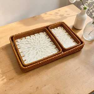 Bandeja Decorativa de Ratán con Mosaico de Perlas de Diseño, Organizador Hecho a Mano con Incrustaciones de Madreperla para Comedor de Lujo y Decoración de Interiores - Product Image 2