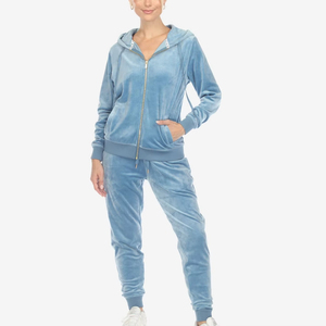 Conjunto Deportivo de Terciopelo Azul Claro para Niñas, Transpirable, Grueso, con Capucha, Manga Corta, Color Sólido, Cordón Ajustable en la Parte Delantera, Ropa Casual de Invierno - Product Image 3