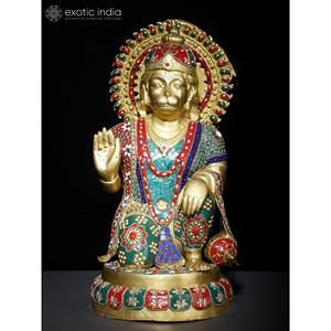 Estatua de latón de 19 pulgadas de Lord Hanuman con intrincada escultura de bendición de trabajo con incrustaciones - Product Image 1