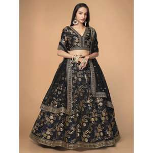 Hypnotic Black Satin Lehenga Choli Colección DE ROPA DE BODA bordada - Product Image 5