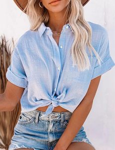 Camisa de Lino Francés 100% para Mujer, Hecha a Medida, con Botones, Manga Corta, Verano 2026, Blusas de Lino con Bolsillo, Venta al Por Mayor OEM - Product Image 6