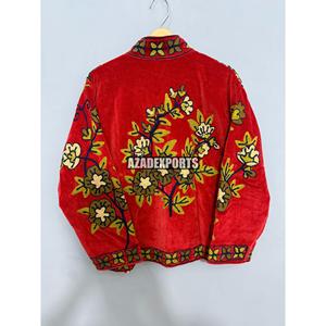 Women's <b>Red</b> <b>Velvet</b> Mandarin Collar Floral Embroidery Quilted Short Bomber Jacket Full Sleeve Autumn Woven - Product Image 2