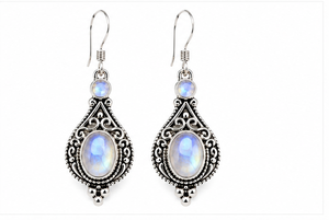 <b>Rainbow</b> Moonstone Sterling Silver Dangle Earrings – 925 Silver White Flash Gemstone Filigree <b>Drop</b> Earrings - Product Image 3