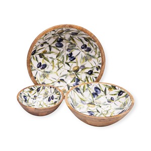 Juego de Tres Tazones de Madera con Interior Esmaltado en Azul con Diseño Geométrico para Cocina Moderna, Comedor y Servicio Elegante - Product Image 3