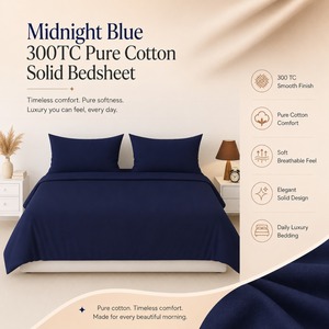 100% Pure Cotton Midnight Blue 300 Thread Count Solid Bedsheet Premium Soft <b>Comfortable</b> for Master Bedroom Available for Sale - Product Image 2