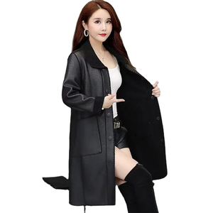 Women's Long Real Leather Trench <b>Coat</b> Stand Collar Zipper Closure <b>Thick</b> Warm <b>Winter</b> Outerwear Solid Color Casual Style Windproof - Product Image 6
