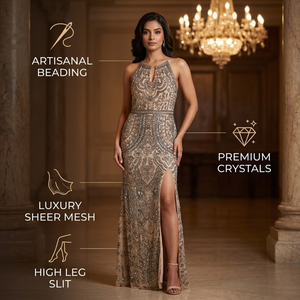 Vestido de noche de sirena con lentejuelas bordadas de lujo color champán |   Cuello en V profundo, sin espalda, sin mangas |   Vestido de fiesta formal largo hasta el suelo - Product Image 1