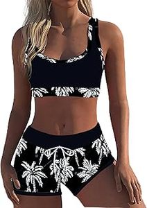Women Eco-Friendly Quick Dry Tropical Print Two Bikini Set <b>Crossed</b> Halter Crop <b>Top</b> High Waist Shorts Stretch Spandex Polyester - Product Image 1