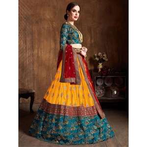 Soie Banarasi brodée vert sarcelle et jaune Lehenga Choli - Product Image 5