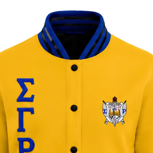 <b>Gold</b> and Royal Blue Varsity Letterman Jacket with Ribbed Collar Cuffs Snap Buttons and Embroidered Crest for Custom Teamwear <b>Top</b> - Product Image 5