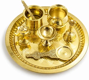 Decorative Gift Brass Pooja Thali Set Traditional Design Puja Plate with Diya Bell Kalash <b>Mandir</b> Decor - Product Image 2
