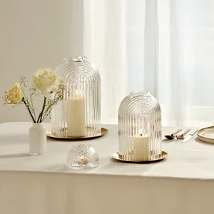 Tapered Hurricane Candleholder Set Natural Wood Handmade with Gold Base for Christmas Home Decoration - Product Image 1
