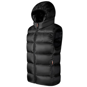 Chaleco Acolchado con Capucha para Hombre, Color Negro, Cierre de Cremallera, Relleno de Plumón, Cortavientos, Informal, para Invierno, Largo Regular, Color Sólido - Product Image 1