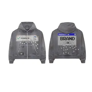 BRANDNAME Men's Oversized Hooded <b>Zipper</b> <b>Sweatshirt</b> Streetwear Print Design Gray Knitted Polyester Autumn Style - Product Image 1