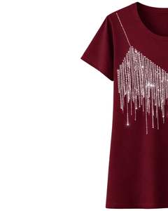 Camiseta de Algodón para Mujer Color Borgoña, Diseño de Corazón con Pedrería, Estilo Casual de Manga Corta, Top de Verano, Fabricante de Logotipos Personalizados OEM - Product Image 3