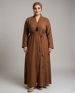 Elegant Brown Embroidered Abaya With Floral Pattern <b>Long</b> Sleeve Modest <b>Dress</b> <b>For</b> Women Floor Length V Neck Cotton Loose Fit - Product Image 2