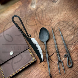 4PCS Hand Forged Iron Steel Medieval <b>Dining</b> <b>Set</b> Rustic Camping Utensils with Leather Roll Pouch Viking Style <b>Outdoor</b> Gift - Product Image 2
