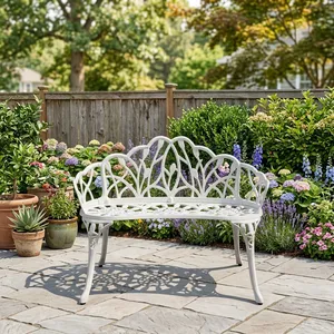 Banc de jardin élégant en aluminium blanc avec dossier décoratif en forme de feuille et accoudoirs incurvés pour l'extérieur - Product Image 4