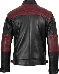 Men's Black Leather Moto <b>Jacket</b> With <b>Red</b> Accents Stand Collar Zipper Closure Regular Fit Autumn Wear - Product Image 2