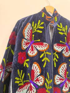 Fashion Embroidered <b>Velvet</b> Winter Lightweight Bomber <b>Jacket</b> with Floral Butterfly Pattern Zipper Closure Reversible Boho Design - Product Image 4