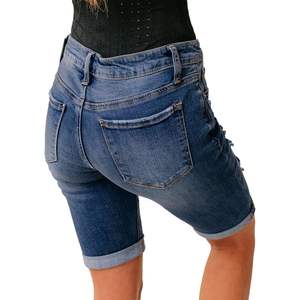 2025 <b>Women's</b> High Waisted <b>Stretch</b> Bermuda Shorts Distressed <b>Jean</b> Shorts Embroidered Summer Straight Rolled Hem Ripped Design - Product Image 3