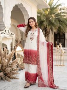 Ensemble Anarkali brodé blanc et bordeaux pour femme avec dupatta – Tenue traditionnelle indienne et pakistanaise en coton, coupe ample, longueur cheville - Product Image 3