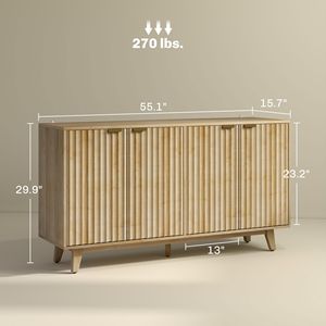 Mobile Bar Caffè da 55 Pollici, Credenza Scanalata con 4 Ante, 2 Ripiani Regolabili, 5 Gambe in Legno Naturale per Applicazioni in Stile Rustico/Country - Product Image 3
