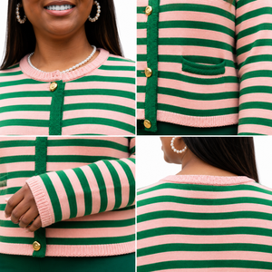 Cardigan en tricot rayé pour femme, manches longues, boutons sur le devant, col rond, style classique, pull vert pêche contrasté - Product Image 3