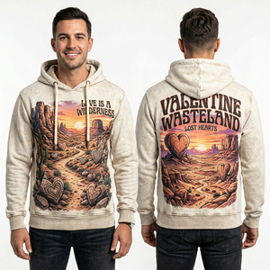 Sudadera con capucha beige para hombre con estampado gráfico de paisaje desértico, corazón y roca, estilo streetwear, proveedor de sudaderas con capucha. - Product Image 1