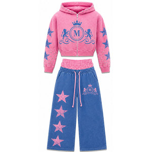 Conjunto Deportivo para Hombre, Color Rosa y Azul, Estampado de Estrellas, Lavado a la Piedra, 100% Algodón, 450 g/m², Lavado Ácido, Corte Holgado Informal, Ropa de Invierno - Product Image 2