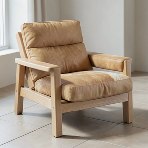 Sillón Moderno de Madera Tapizado en Cuero Vacuno Genuino, Sillón de Cuero Auténtico para Oficina, Hogar, Sala de Estar - Product Image 1