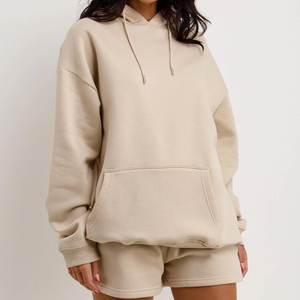 Sweat-shirt à capuche beige pour femme, manches longues, couleur unie, coupe ample, décontracté, pour l'automne, avec cordon de serrage et poches latérales - Product Image 1