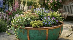 Outdoor <b>Large</b> Rounded Rustic Galvanized Green Patina and Copper Strip Design Outdoor Garden Rustic Planters Pots - Product Image 5