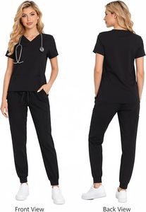 <b>Women</b> <b>Black</b> <b>Scrub</b> Set Short Sleeve V-Neck Top With Drawstring Pants Hospital Uniform Cotton Blends Knitted Fabric - Product Image 3