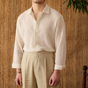 เสื้อเชิ้ตผู้ชายทรงหลวม ผ้าฝ้าย 100% สีขาว แขนยาว สไตล์ลำลอง ระบายอากาศได้ดี ปกคอพับได้ สีพื้น ผ้าป๊อปลิน ติดกระดุมแถวเดียว เหมาะสำหรับฤดูร้อน - Product Image 5