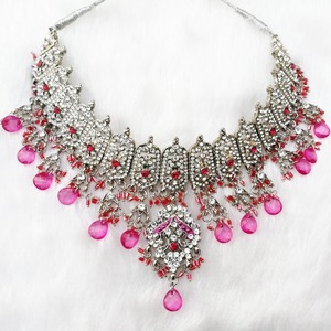 Silver Plated Alloy Necklace Earring <b>Bracelet</b> <b>Set</b> Women Crystal Rhinestone Flower Design Ethnic Wedding Jewelry - Product Image 2