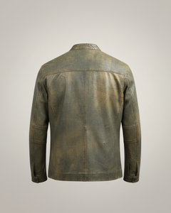 Men's Washed Olive Green Leather Moto <b>Jacket</b> Stand Collar Zipper Closure <b>Slim</b> <b>Fit</b> Regular Length Autumn Style - Product Image 2